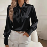 Women's Solid Color Satin Long Sleeve Casual Shirt With Bow Decor Blouse Spring Fall Daily Wear Top
