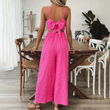 Elegant Pink Sleeveless Jumpsuit – V-Neck Back Bow Palazzo Pants