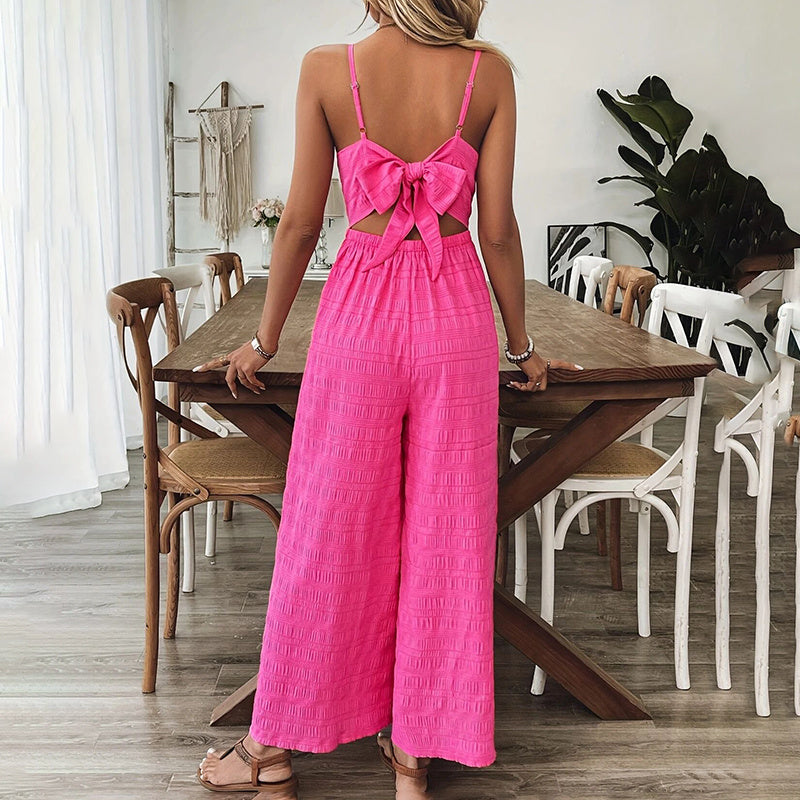 Elegant Pink Sleeveless Jumpsuit – V-Neck Back Bow Palazzo Pants