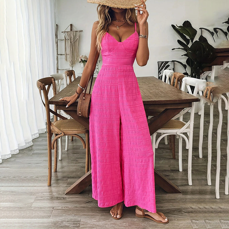 Elegant Pink Sleeveless Jumpsuit – V-Neck Back Bow Palazzo Pants