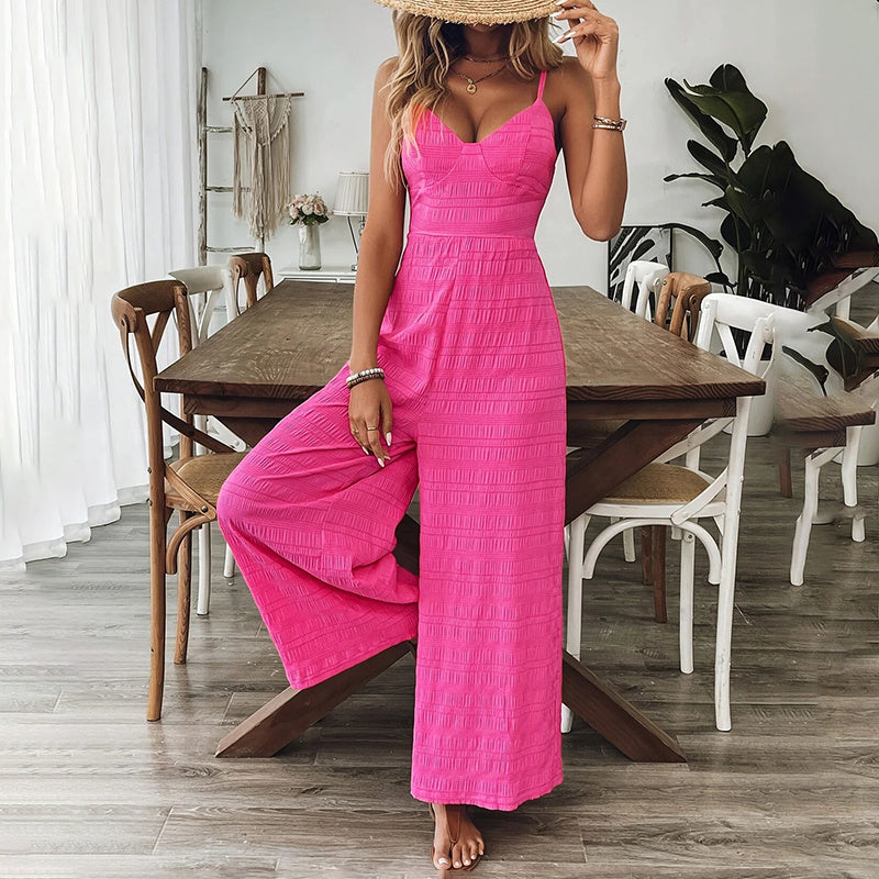 Elegant Pink Sleeveless Jumpsuit – V-Neck Back Bow Palazzo Pants