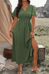 Green Surplice Neckline Smocked High Waist Plus Size Maxi Dress
