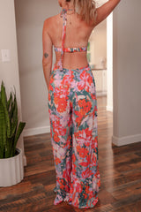 Multicolour Floral Print Halter Neck Wide Leg Jumpsuit