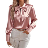 Women's Solid Color Satin Long Sleeve Casual Shirt With Bow Decor Blouse Spring Fall Daily Wear Top
