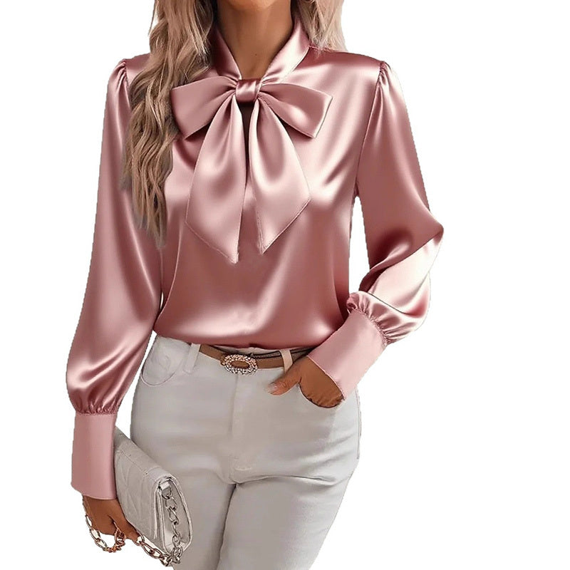 Women's Solid Color Satin Long Sleeve Casual Shirt With Bow Decor Blouse Spring Fall Daily Wear Top