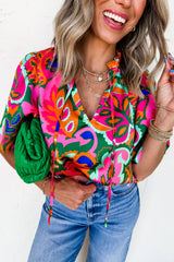 Rose Tropical Plant Print Frill V Neck Blouse