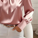 Women's Solid Color Satin Long Sleeve Casual Shirt With Bow Decor Blouse Spring Fall Daily Wear Top