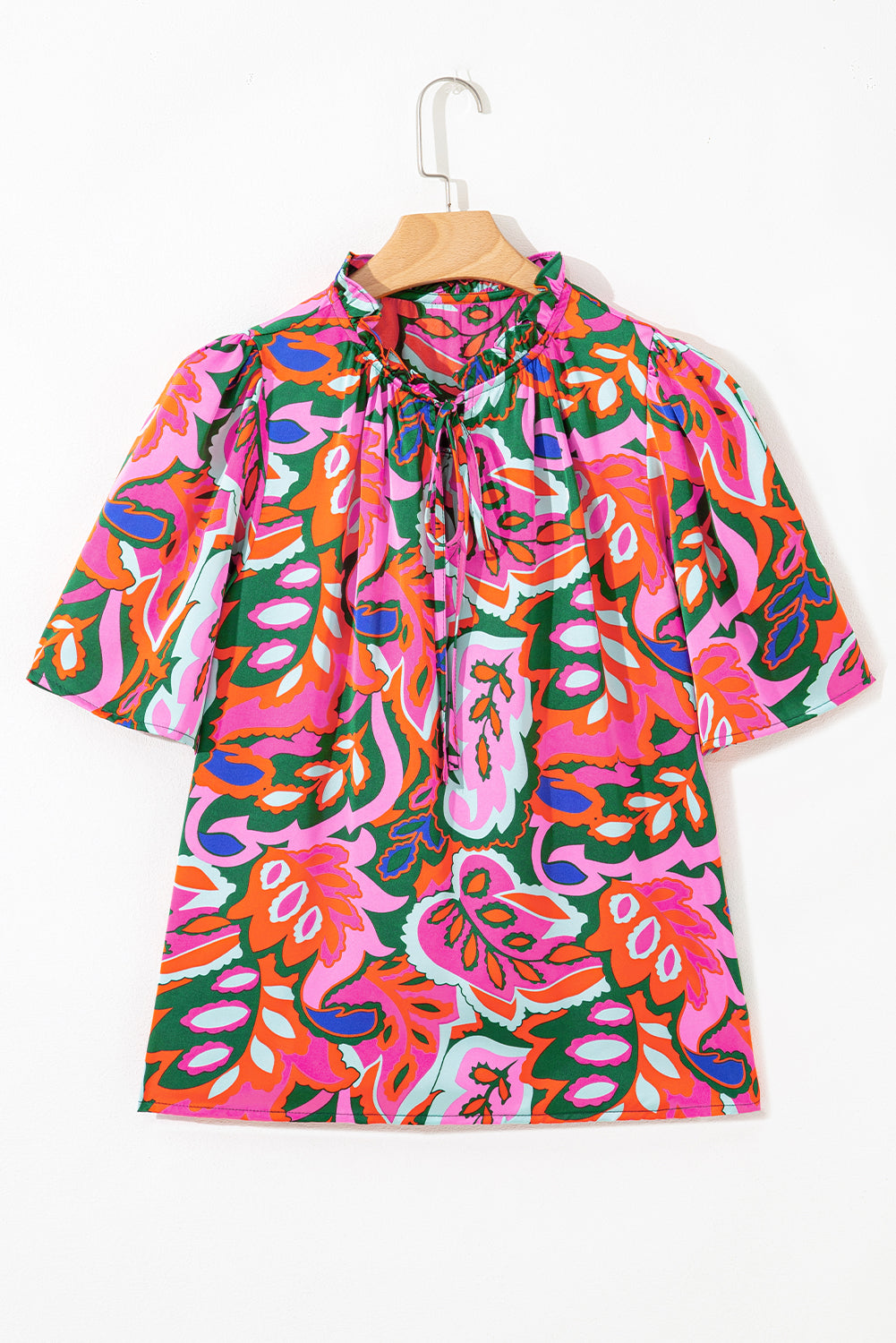 Rose Tropical Plant Print Frill V Neck Blouse