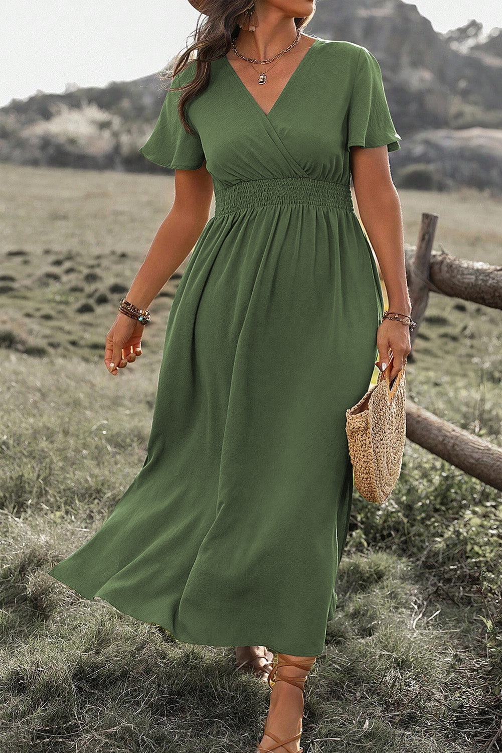 Green Surplice Neckline Smocked High Waist Plus Size Maxi Dress