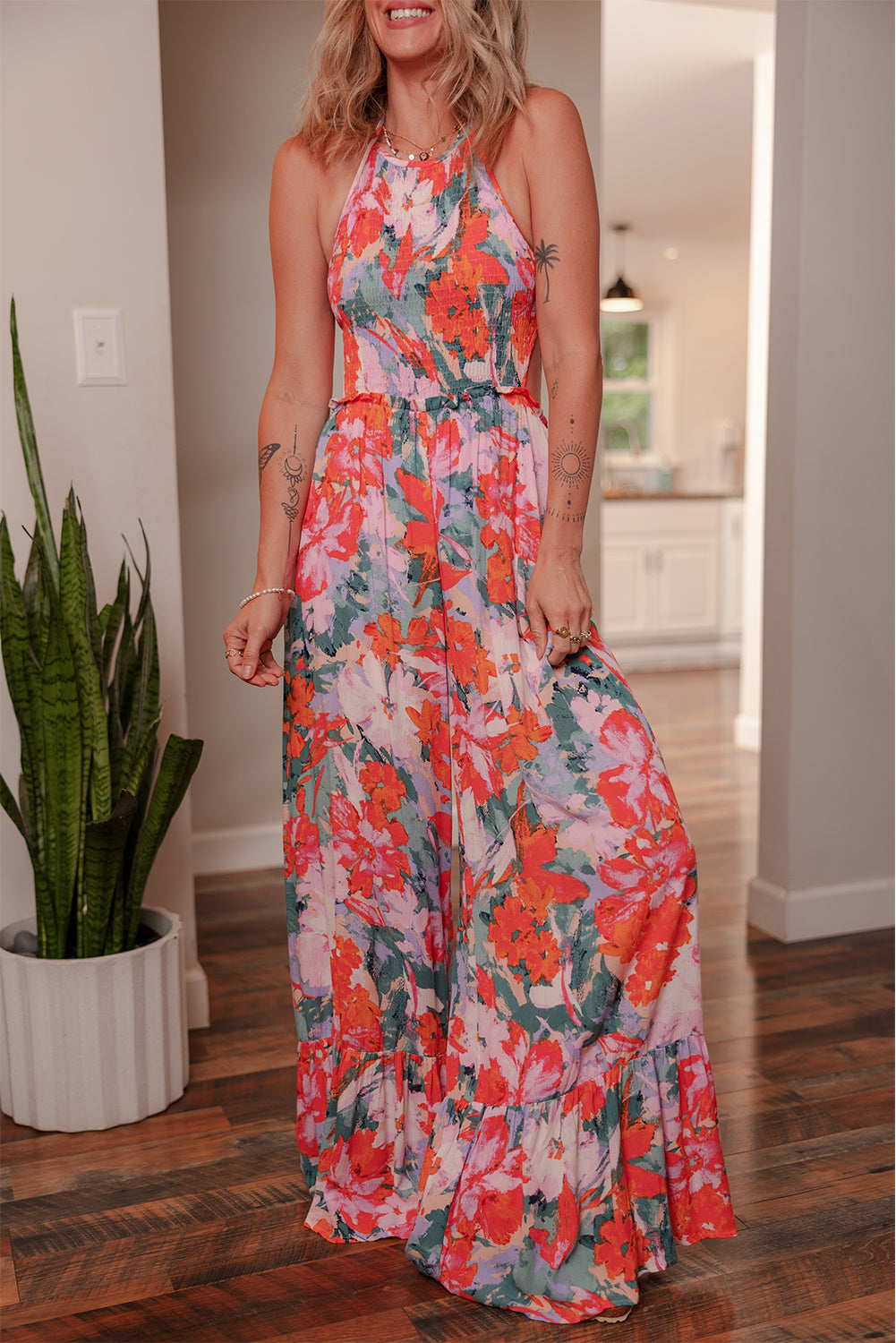 Multicolour Floral Print Halter Neck Wide Leg Jumpsuit