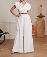 White Wide-Leg Jumpsuit with Pleated Sleeves & Belt