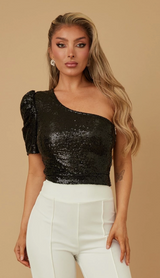 Black Glam One-Shoulder Crop