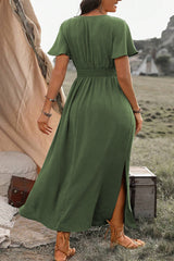 Green Surplice Neckline Smocked High Waist Plus Size Maxi Dress