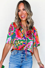 Rose Tropical Plant Print Frill V Neck Blouse