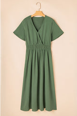 Green Surplice Neckline Smocked High Waist Plus Size Maxi Dress