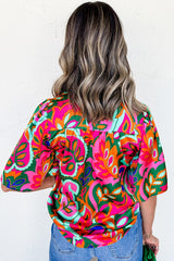 Rose Tropical Plant Print Frill V Neck Blouse