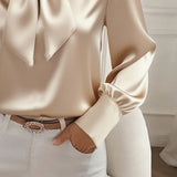 Women's Solid Color Satin Long Sleeve Casual Shirt With Bow Decor Blouse Spring Fall Daily Wear Top