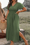 Green Surplice Neckline Smocked High Waist Plus Size Maxi Dress