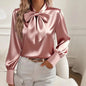 Women's Solid Color Satin Long Sleeve Casual Shirt With Bow Decor Blouse Spring Fall Daily Wear Top