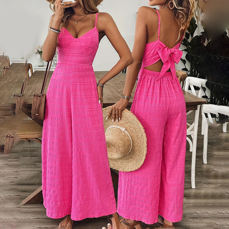Elegant Pink Sleeveless Jumpsuit – V-Neck Back Bow Palazzo Pants