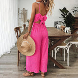 Elegant Pink Sleeveless Jumpsuit – V-Neck Back Bow Palazzo Pants