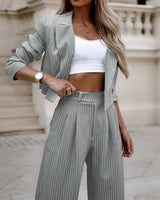 Women's Spring Fashion Striped Suits Casual Lapel Long Sleeve Cropped Top And Straight Pants Outfits Women's Clothing
