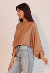 Washed Poly Silk Boat Neck Blouson Top
