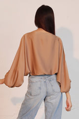 Washed Poly Silk Boat Neck Blouson Top