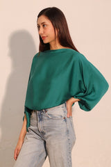 Washed Poly Silk Boat Neck Blouson Top