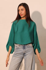 Washed Poly Silk Boat Neck Blouson Top