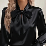 Women's Solid Color Satin Long Sleeve Casual Shirt With Bow Decor Blouse Spring Fall Daily Wear Top