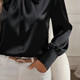 Women's Solid Color Satin Long Sleeve Casual Shirt With Bow Decor Blouse Spring Fall Daily Wear Top