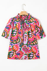 Rose Tropical Plant Print Frill V Neck Blouse
