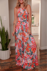Multicolour Floral Print Halter Neck Wide Leg Jumpsuit