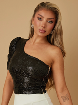 Black Glam One-Shoulder Crop