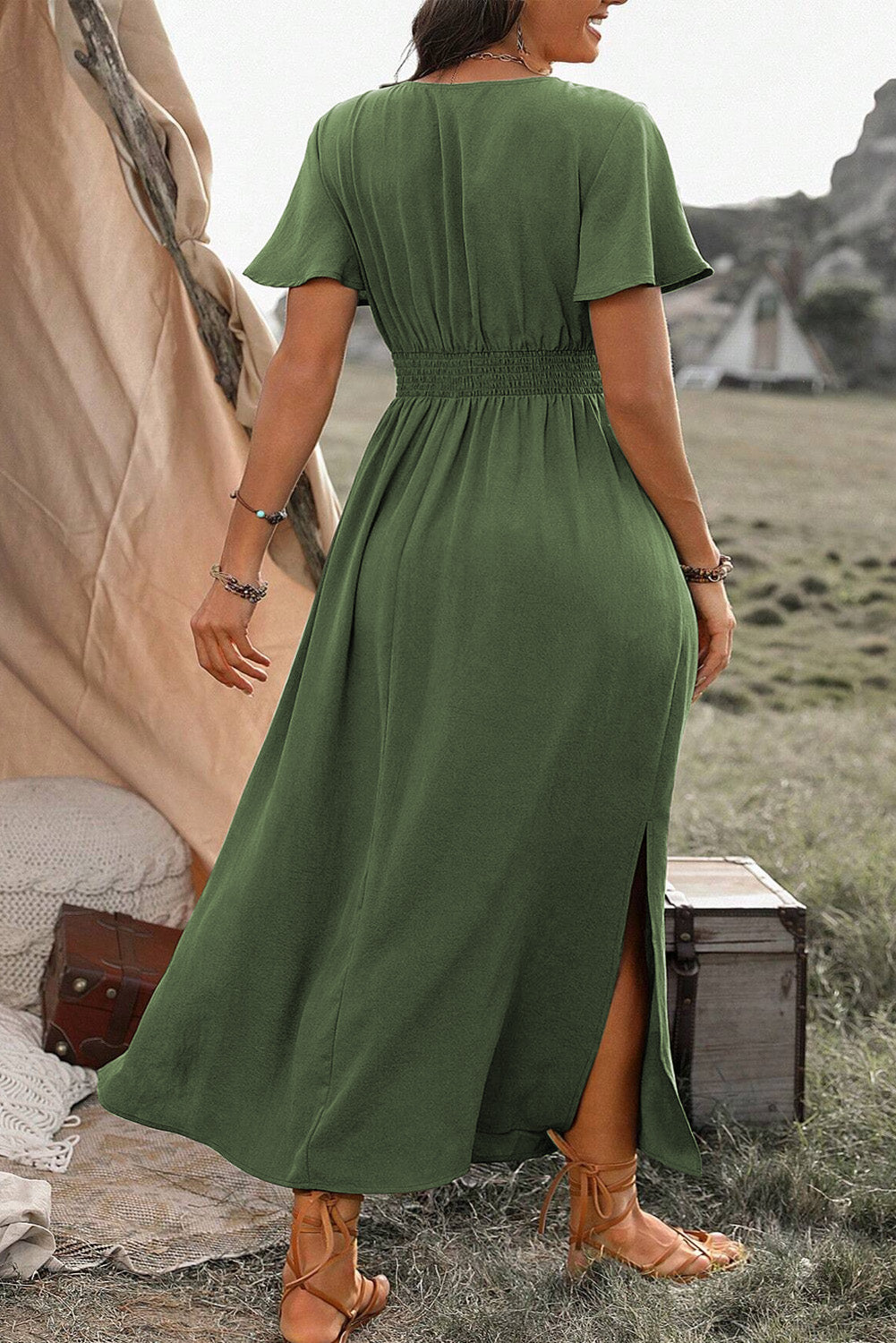Green Surplice Neckline Smocked High Waist Plus Size Maxi Dress