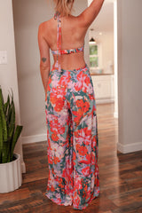 Multicolour Floral Print Halter Neck Wide Leg Jumpsuit
