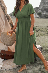 Green Surplice Neckline Smocked High Waist Plus Size Maxi Dress