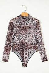 Brown Allover Leopard Print Smocked Neck Mesh Bodysuit