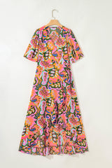 Rose Tropical Plant Print Surplice V Neck Ruffle Hem Maxi Dress