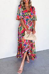 Rose Tropical Plant Print Surplice V Neck Ruffle Hem Maxi Dress
