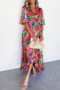 Rose Tropical Plant Print Surplice V Neck Ruffle Hem Maxi Dress