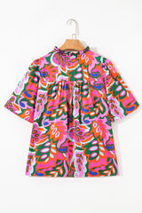 Rose Tropical Plant Print Frill V Neck Blouse