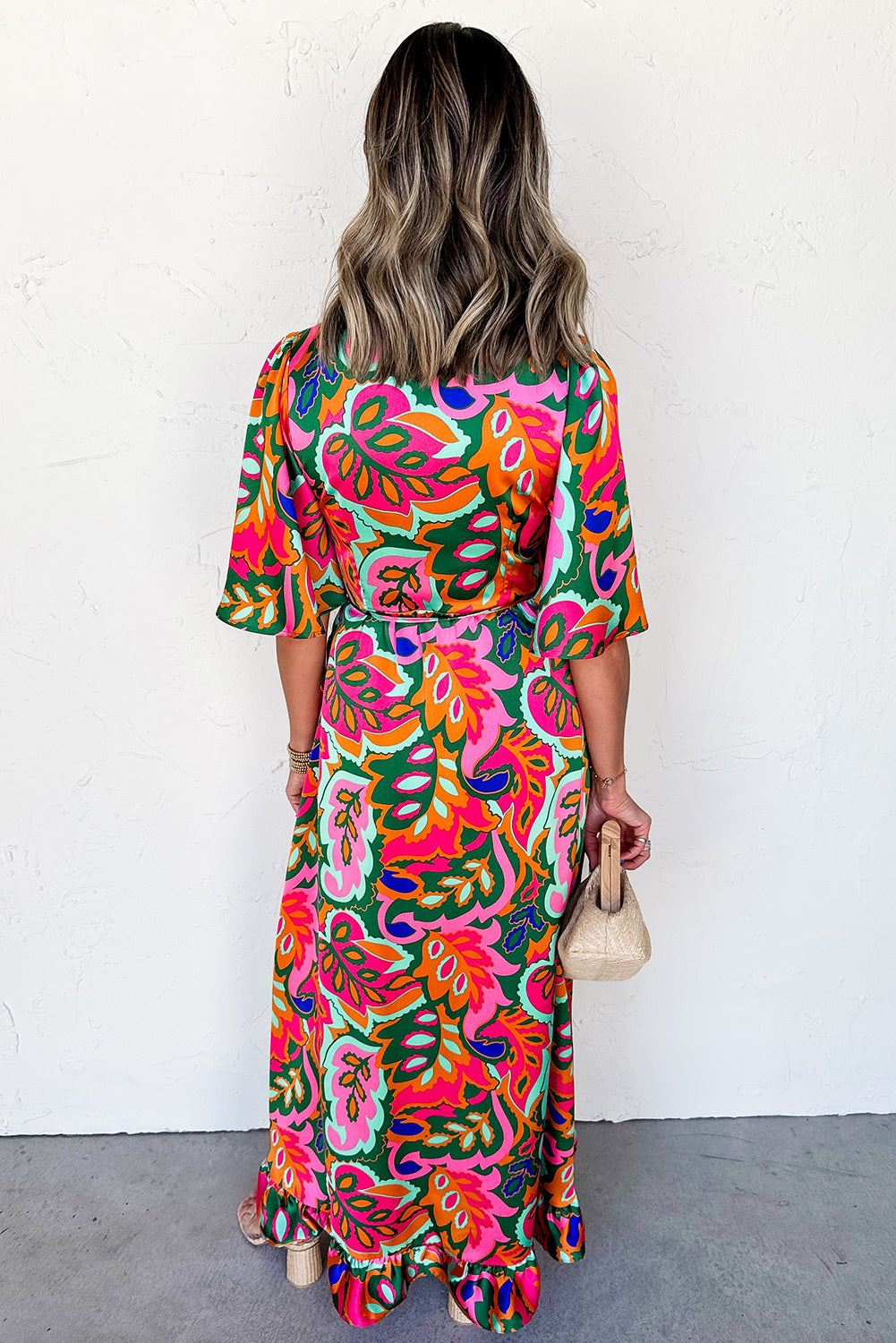 Rose Tropical Plant Print Surplice V Neck Ruffle Hem Maxi Dress