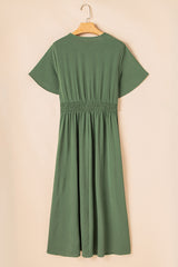 Green Surplice Neckline Smocked High Waist Plus Size Maxi Dress