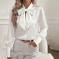 Women's Solid Color Satin Long Sleeve Casual Shirt With Bow Decor Blouse Spring Fall Daily Wear Top